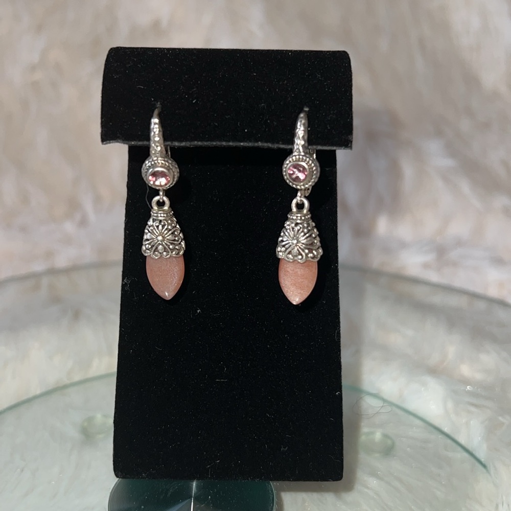 Luxury Peach Moonstone Earrings. Artisan-crafted of solid sterling silver.